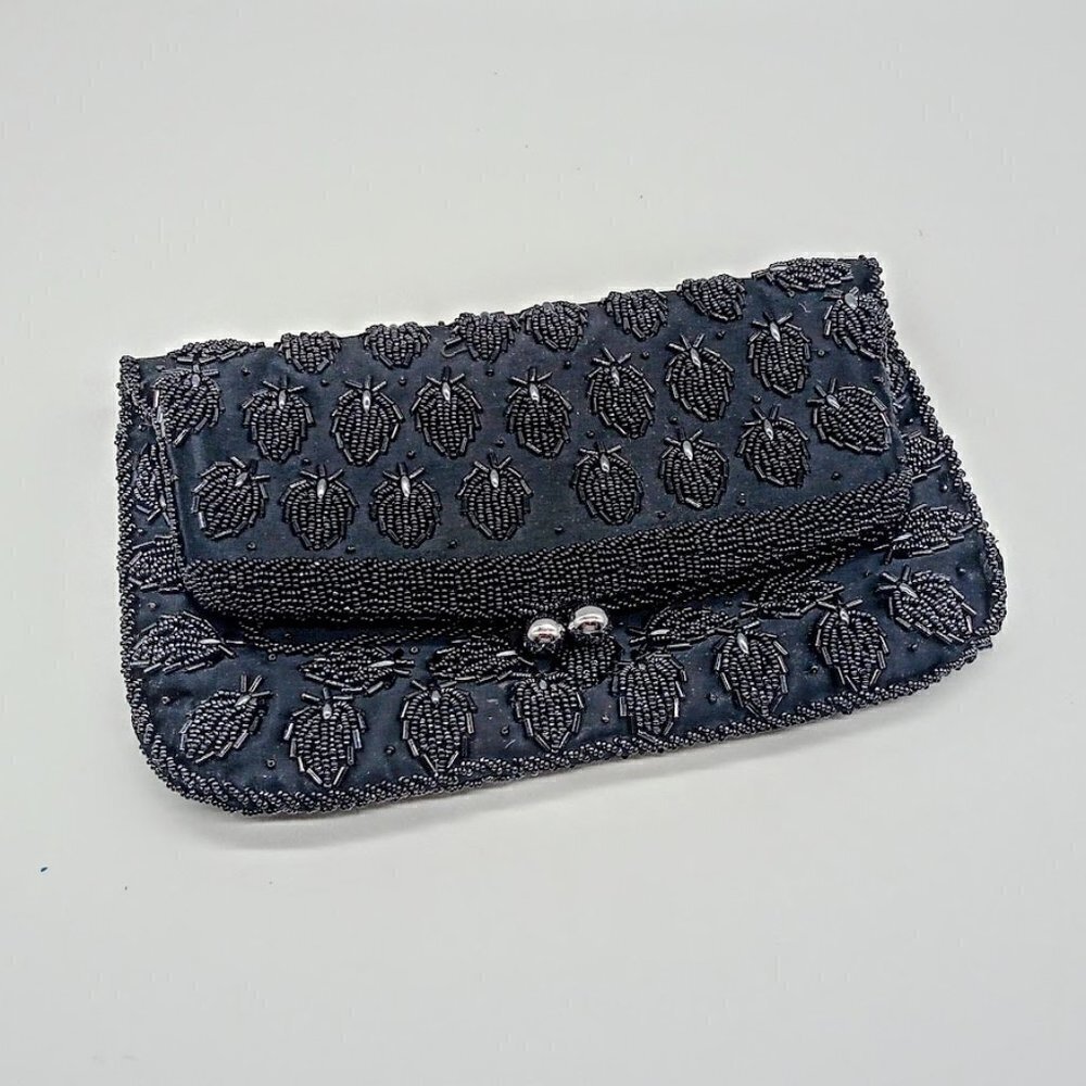 Vintage Black Satin Hand-Beaded Silver Ball Snap Closure Foldover Clutch Bag